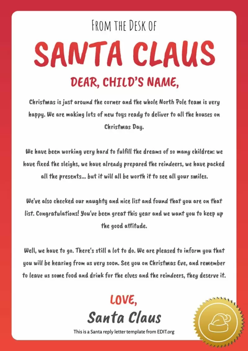 Free editable letter from Santa template