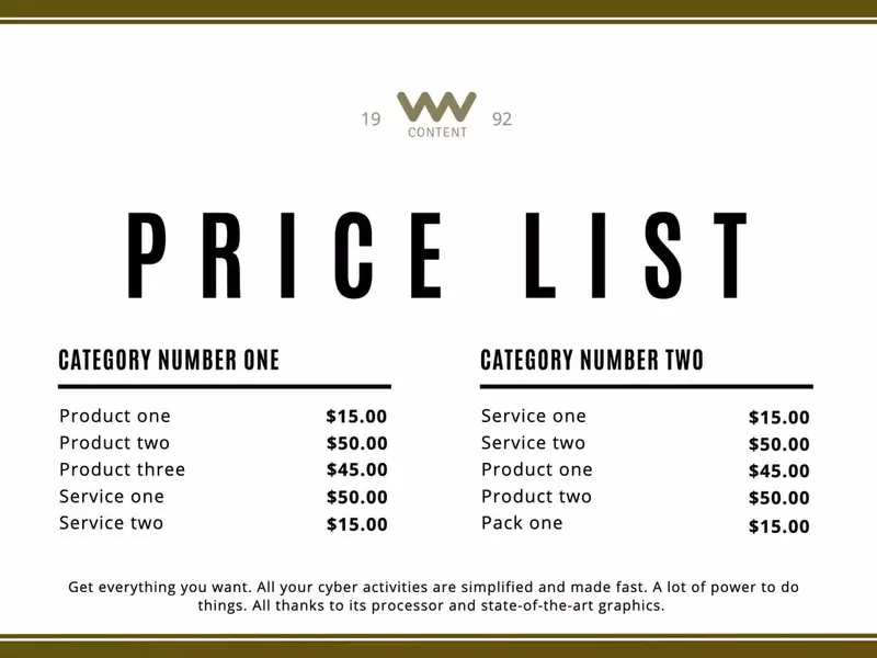 Price list template to edit and print for products and services for free