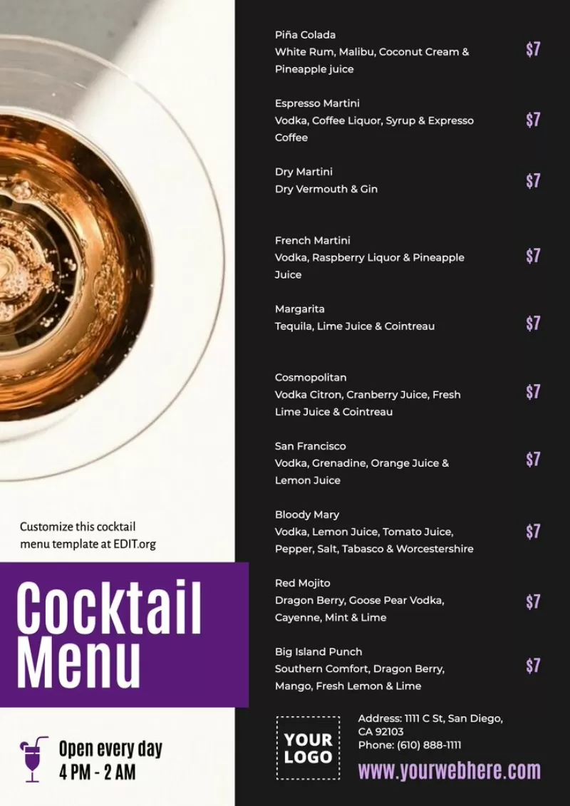 Free printable drink menu for cocktails and drinks