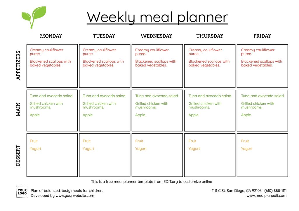 Online editable weekly meal planners