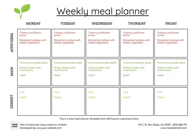 Planner dei pasti settimanale editabile online