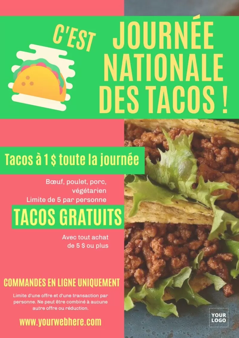 Affiche pour la journée nationale du tacos avec promotion et fond rouge et vert