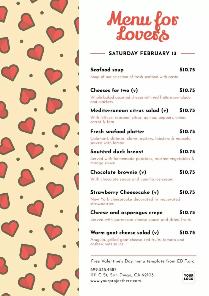 Personalized Valentines menu template to print