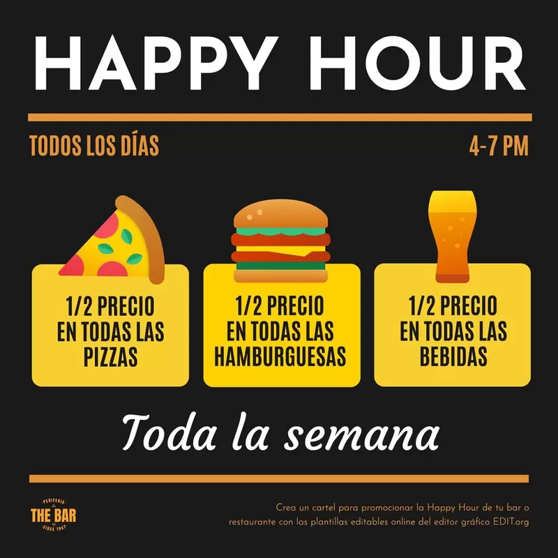 Plantilla editable online para promocionar Happy Hour de comida y bebida
