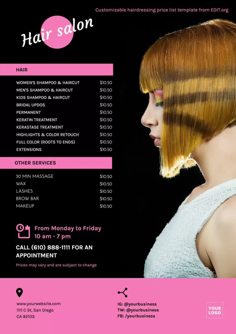 Hair price list template for free to customize online