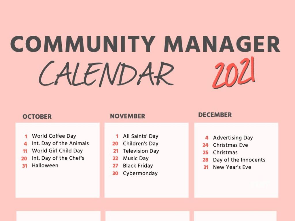 Community Manager calendar for 2021