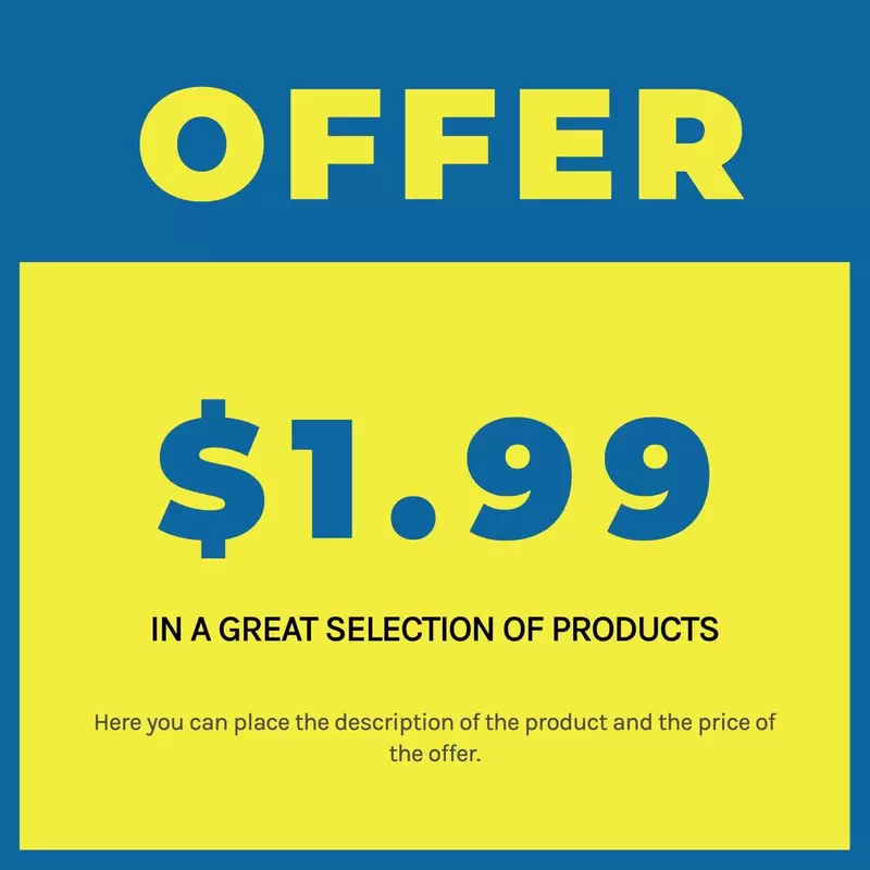 Editable sign for product pricing offers in blue and yellow, ready to print