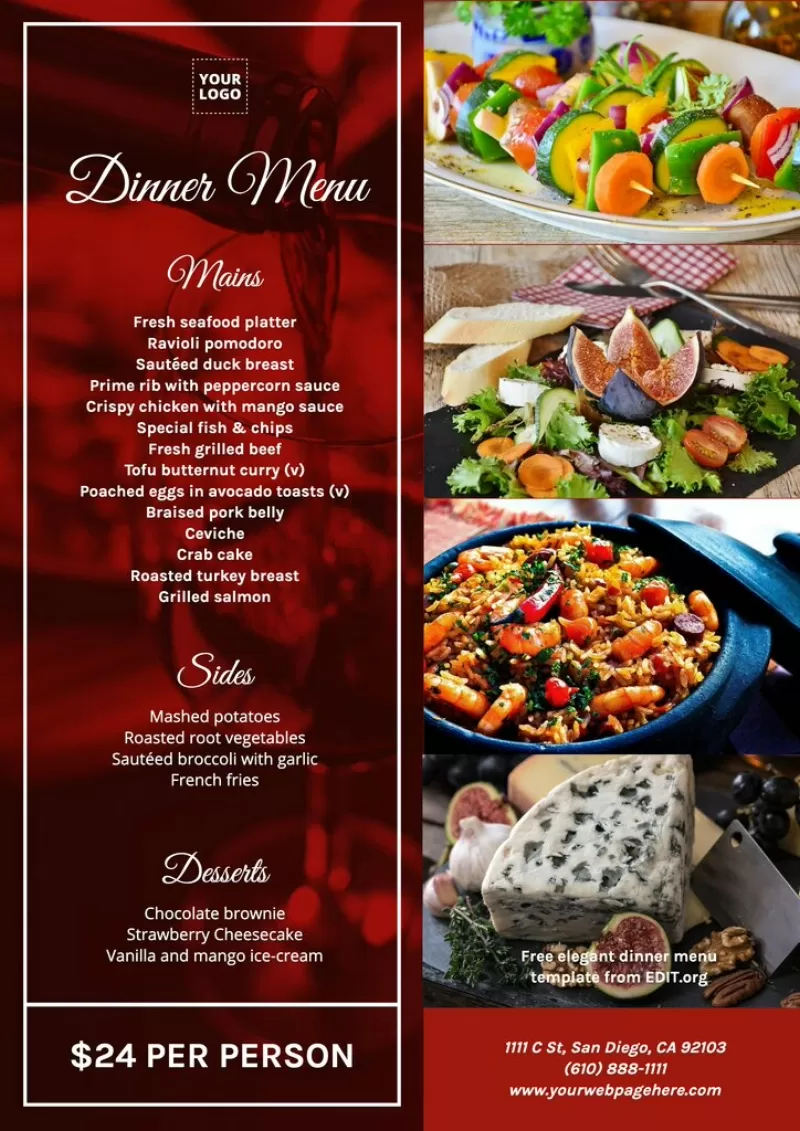 Design di menu per la cena personalizzabile per ristoranti da editare online
