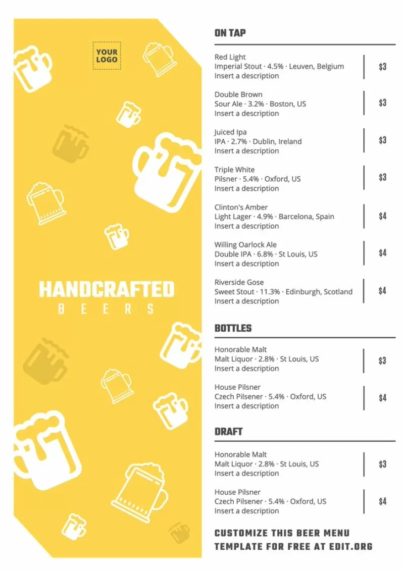 Menu Beer design template to edit online for your brewery