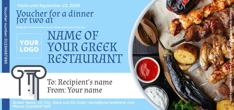 Customizable Greek Food restaurant gift voucher