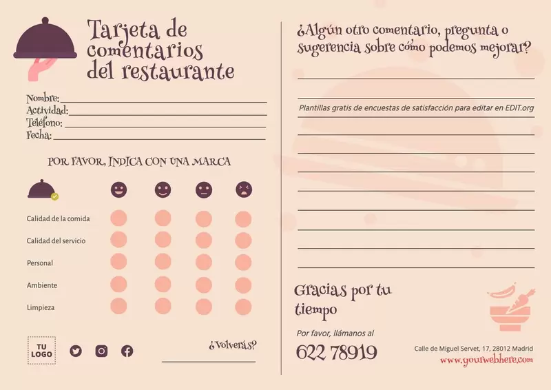 Tarjetas de opinión de restaurantes personalizables gratis