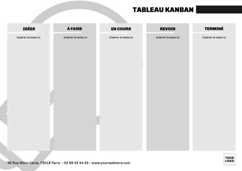 Modèle de tableau kanban blanc et gris éditable en ligne