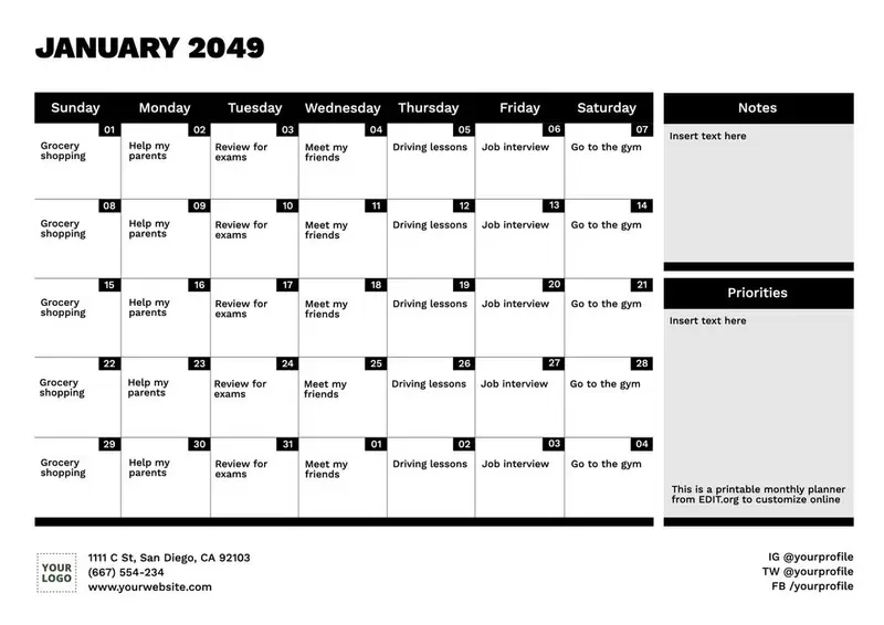 Modello di calendario mensile da personalizzare gratuitamente