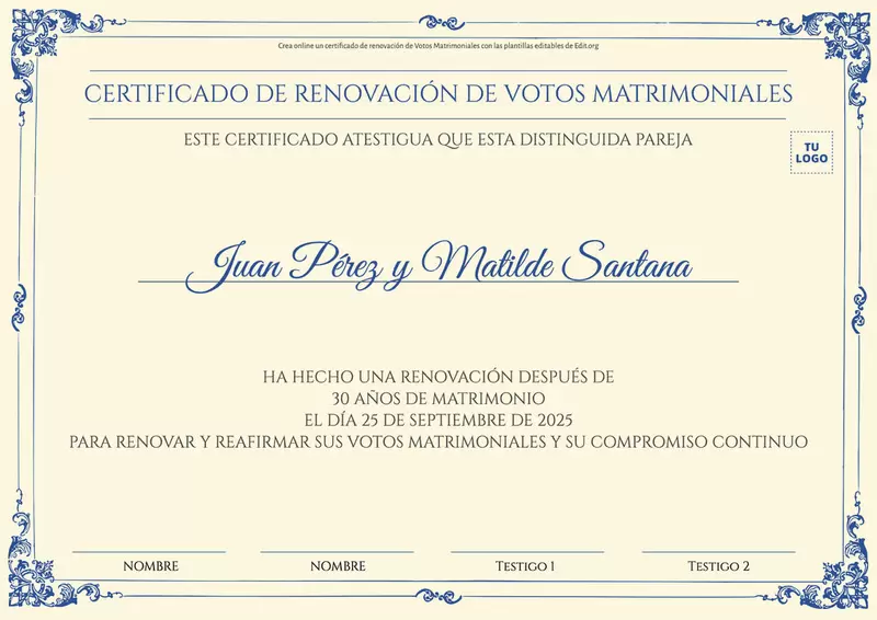 Plantilla de certificado de renovación de Votos Matrimoniales para editar gratis
