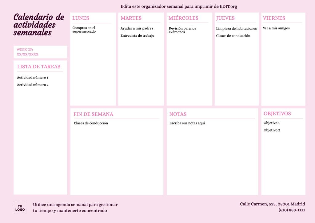 Plantillas de planificadores semanales editables online