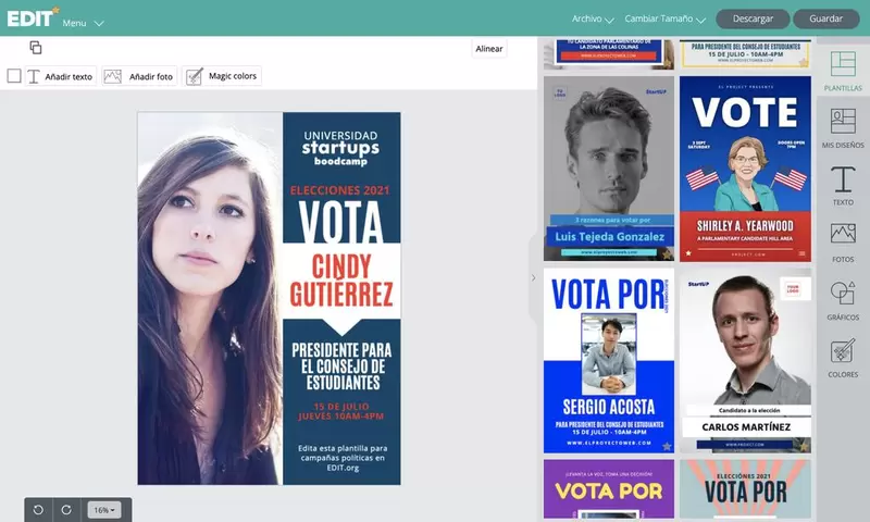 Editor gráfico online conn plantillas y carteles para promocionar campañas de elecciones políticas