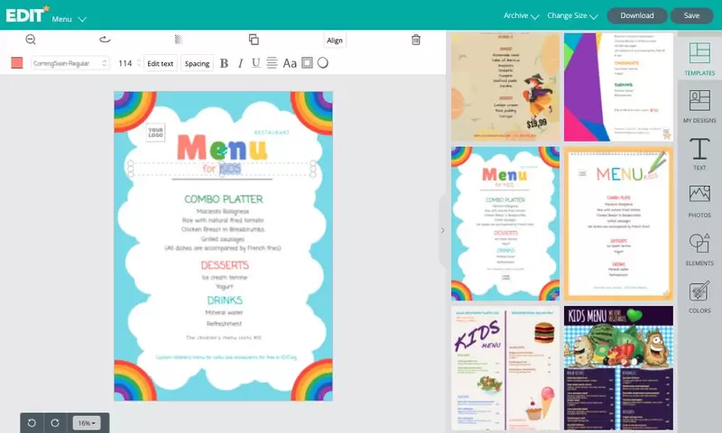Graphic online editor with templates for kids menu for free