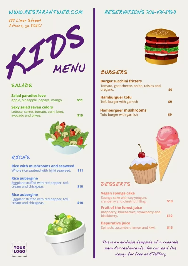Custom kids menu with icons for free