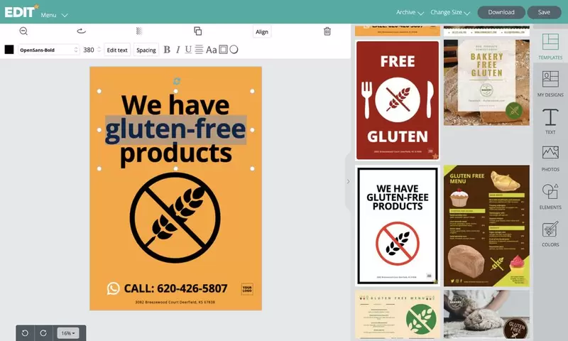 Gluten-free templates graphic online editor with symbols, logos and icons