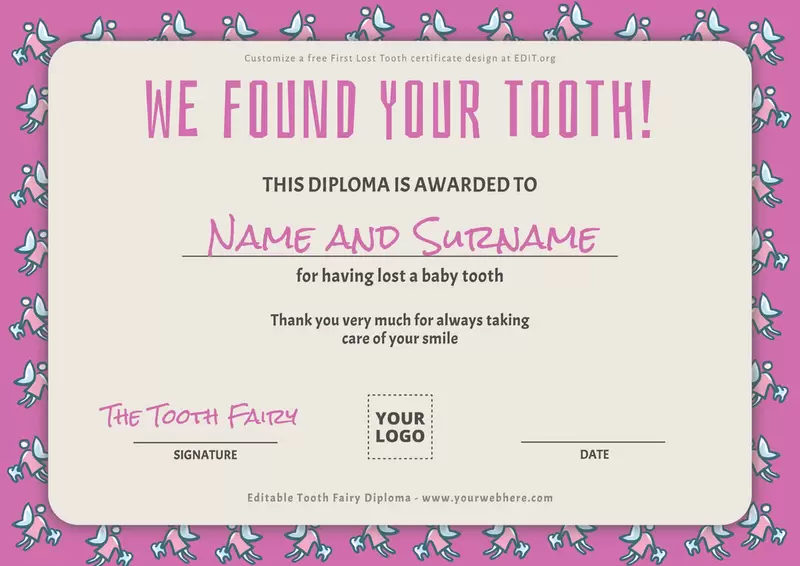 Customizable Tooth Fairy certificate girl to print