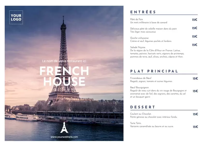 Carte de menu français éditable avec photo de la tour eiffel