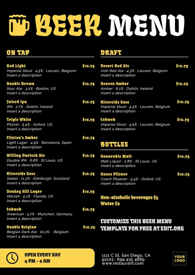 Craft beer menu to custom online for free for your craft brewery
