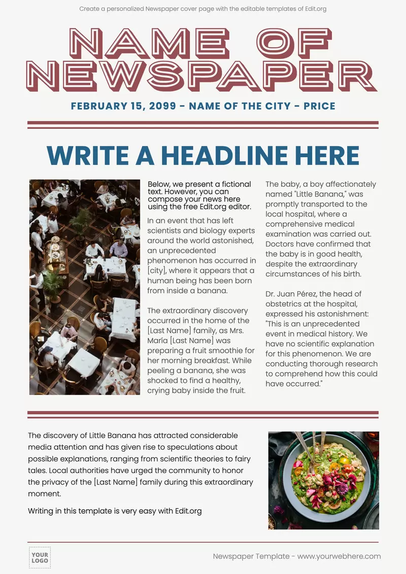 Editable Newspaper article template for students to customize and print