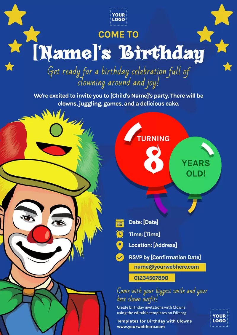 Creative Clown Birthday card templates to customize