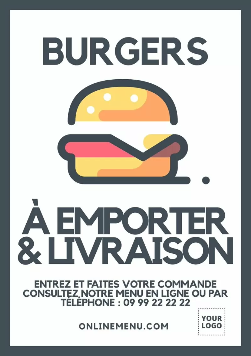 prospectus de burger en livraison ou à emporter pour restaurant avec un burger dessiné