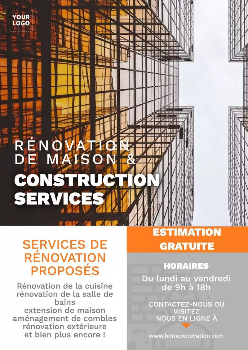 Modèles d'affiche orange et grise pour entreprises de rénovation de maison