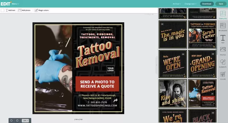 Diseños editables para estudios de tattoos y piercings