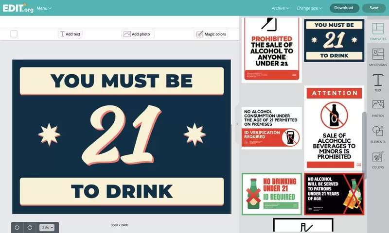 Online-Editor für Schildervorlagen, um auf das Verbot hinzuweisen, alkoholische Getränke an Minderjährige zu verkaufen