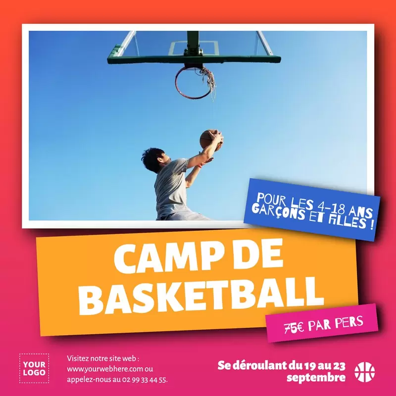design d'affiche ou flyer pour un camp d'été de basketball editable