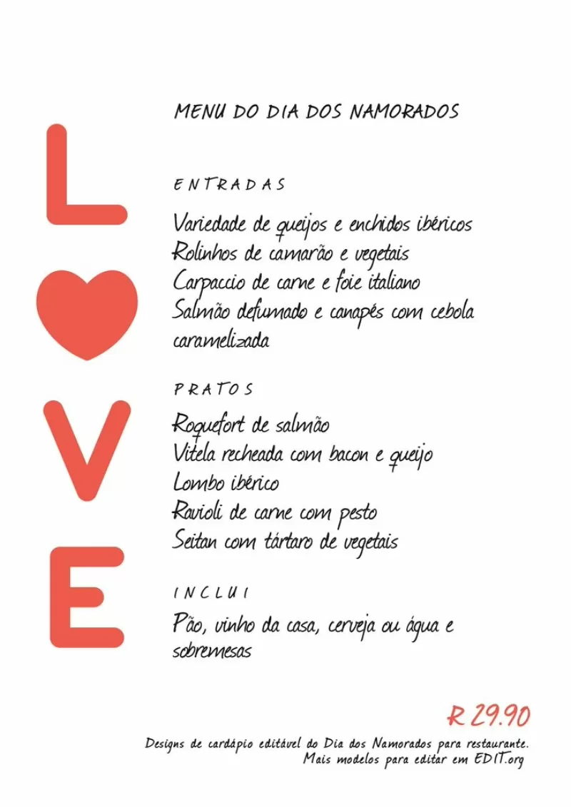 Cardápio editavel online para menu do Dia dos Namorados
