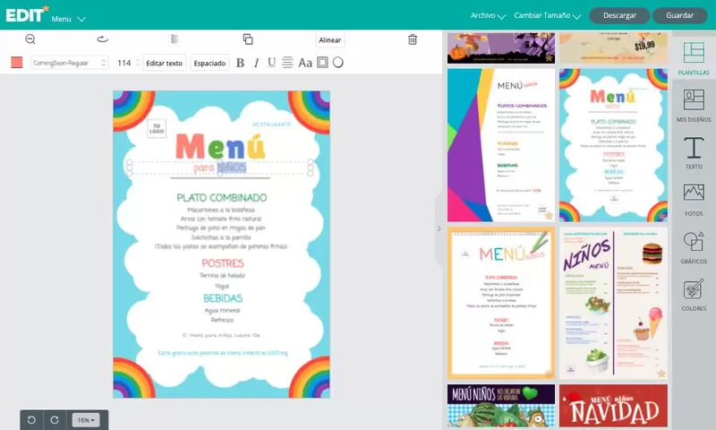 Editor gráfico con plantillas gratis de menus para niños para restaurantes