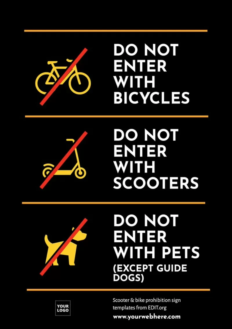 Personalisiertes Schild: 'keine Fahrräder, keine Scooter, keine Tiere'