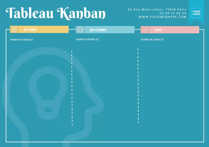 Modèle de tableau kanban bleu éditable en ligne