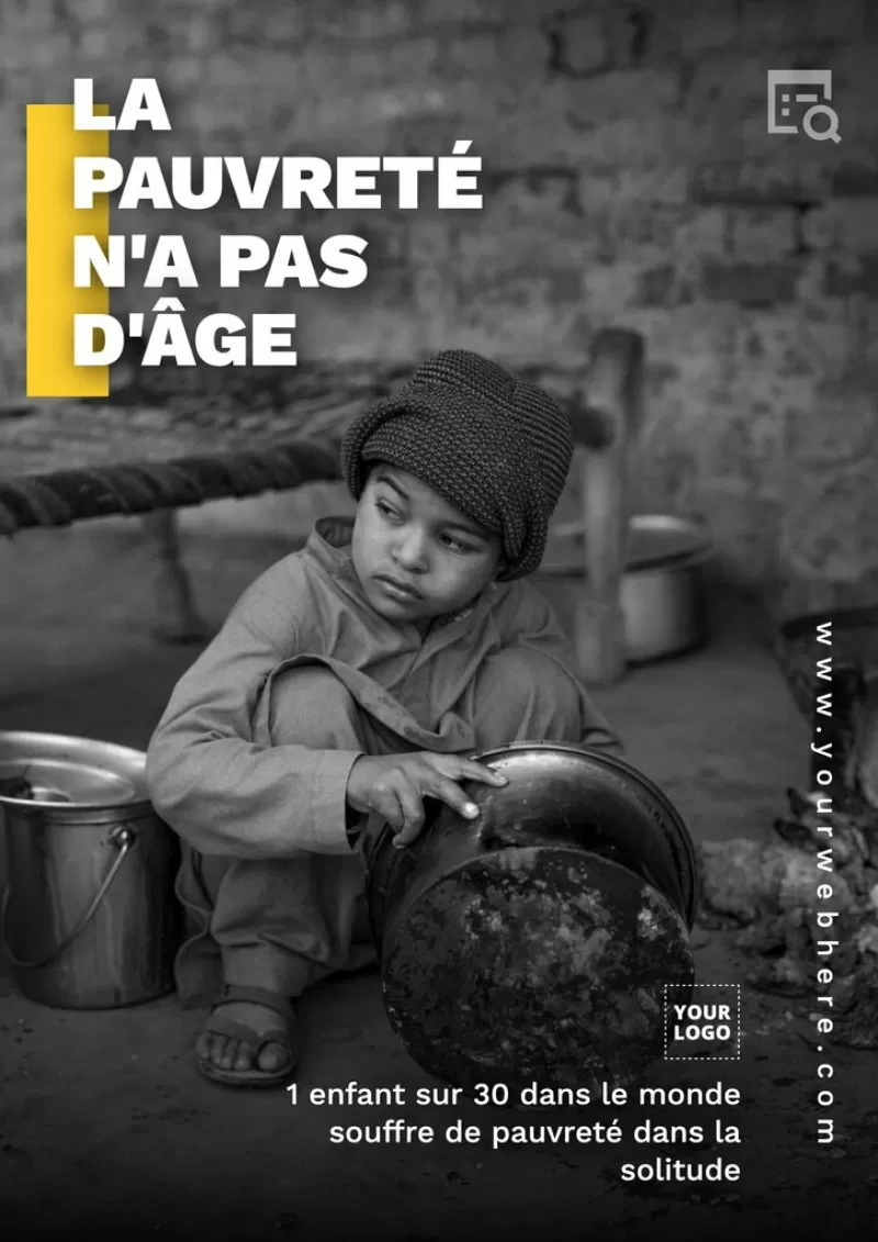 Affiche pauvreté avec enfant, encadré jaune et photo sombre