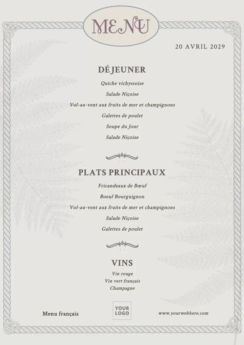 Carte de menu français grise éditable avec plats