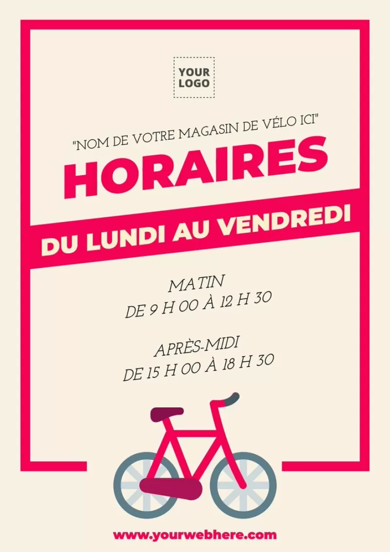 Design d'une affiche blanc et rouge avec les horaires d'un magasin de vélo 