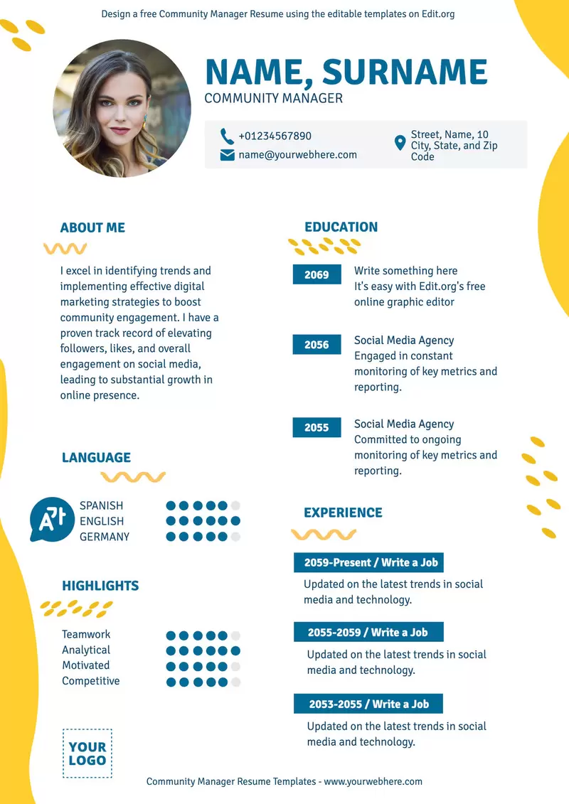 Editable community manager CV template to customize online