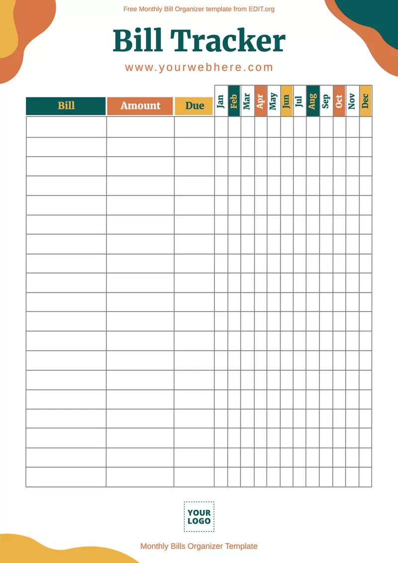 Printable bill organizer monthly templates