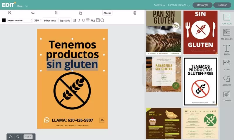 Modelo do editor gráfico online com várias opç~pes de banners e cartazes para os seus produtos sem gluten