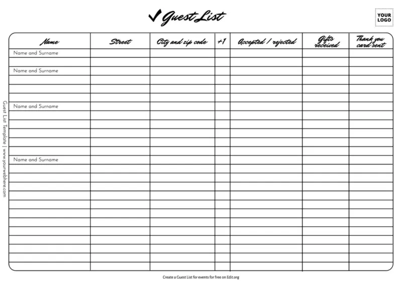 Editable wedding guest list format template to print
