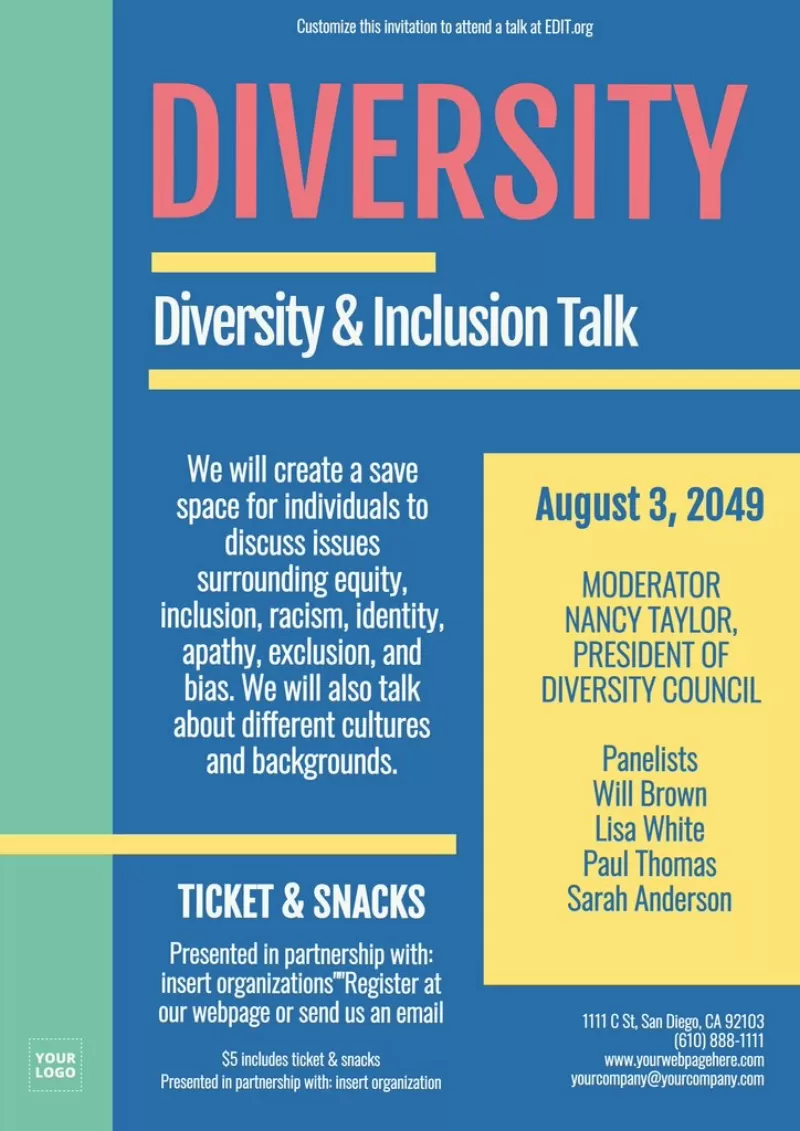 Diversity talk flyer template to personalize online