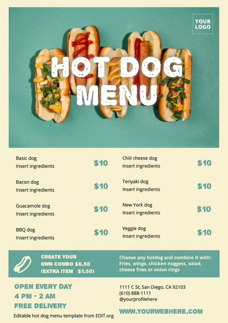 Aanpasbare en afdrukbare hotdog menu ontwerpen