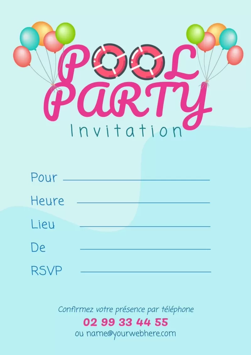 Invitation éditable bleue à une pool party à confirmer