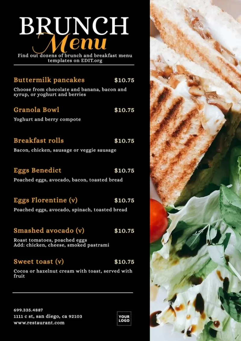 Modello di menu colazione e brunch da scaricare e stampare gratuitamente