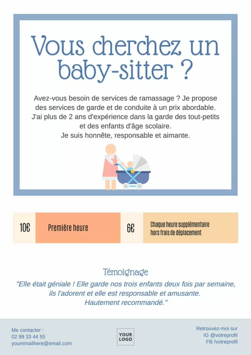 Modèle personnalisable de prospectus blanc et bleu pour rechercher un baby-sitter
