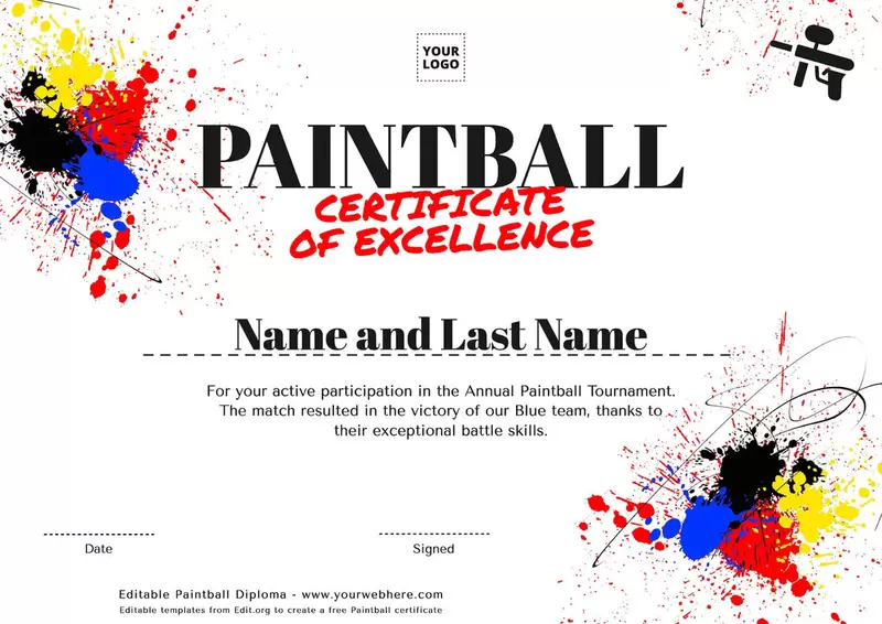 Customizable Paintball diploma template to edit online